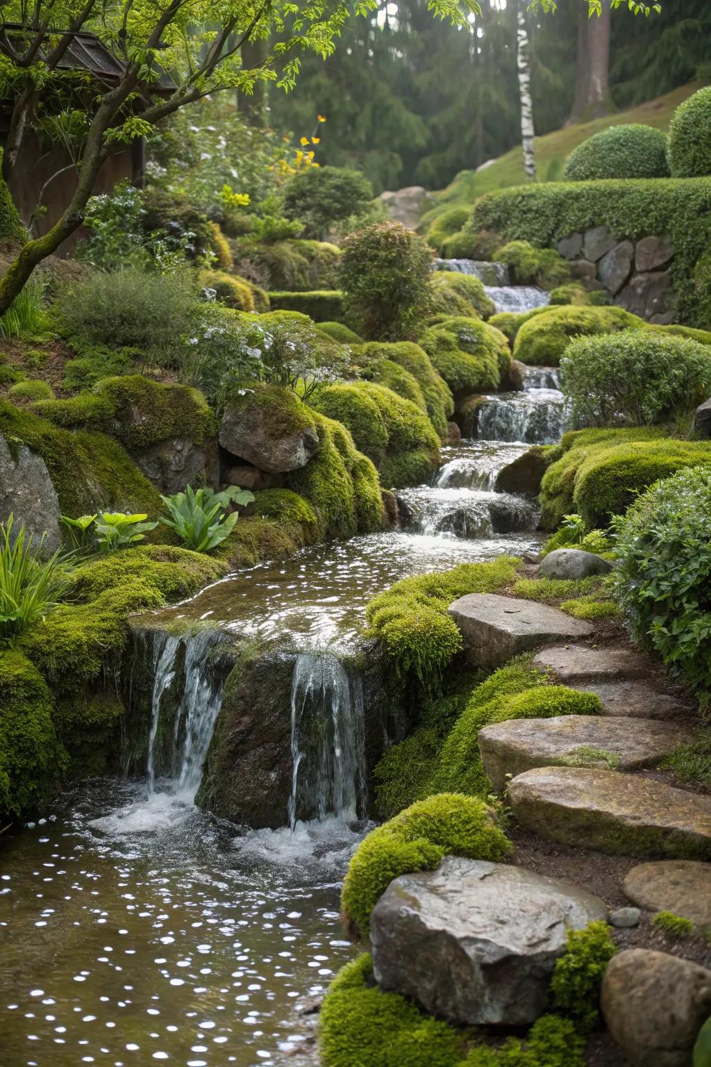 A mystical garden cascade showcasing mossy stones for a forest-esque ambiance.