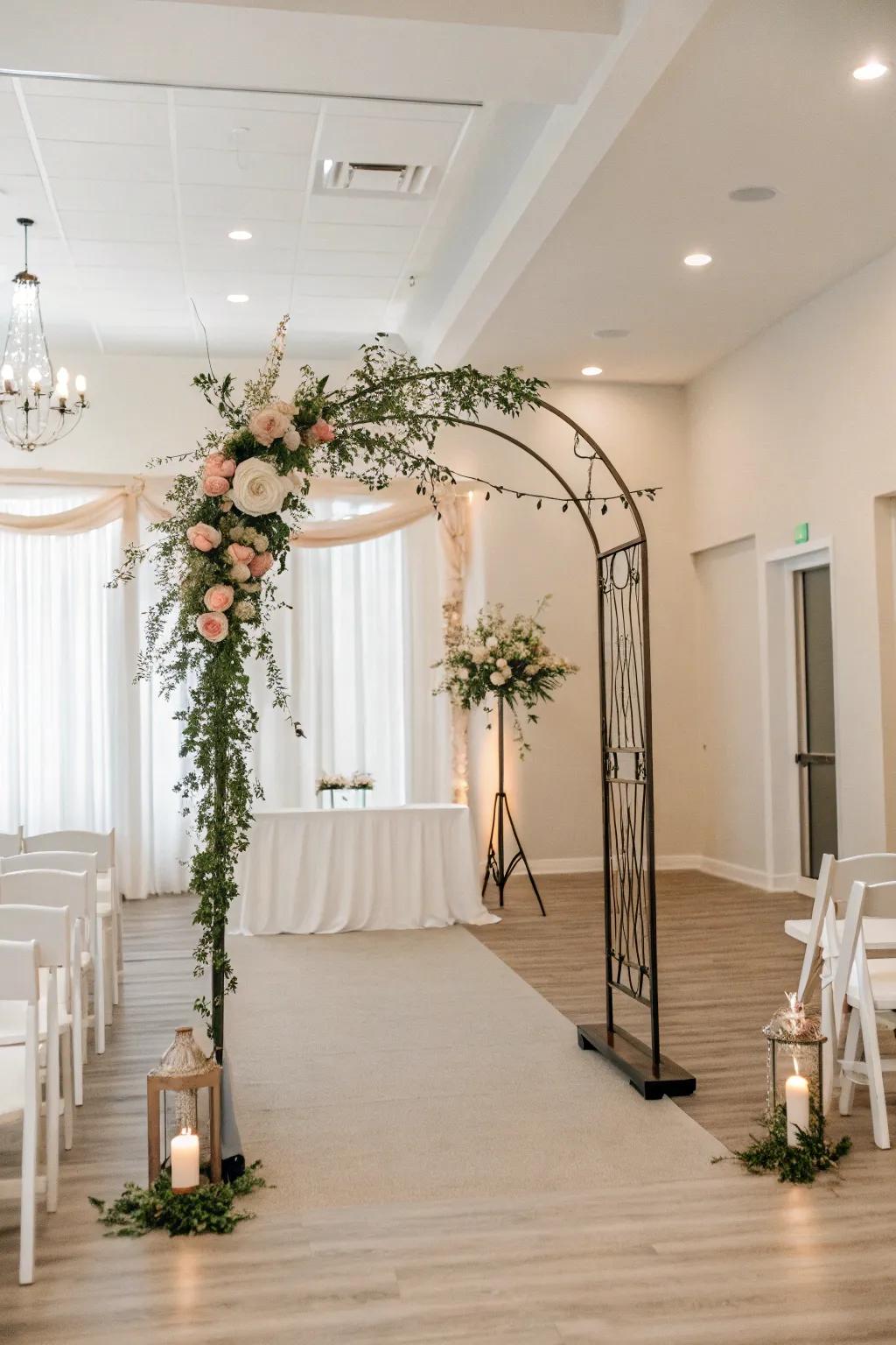A simple arch highlights the beauty of the venue with minimal decoration.