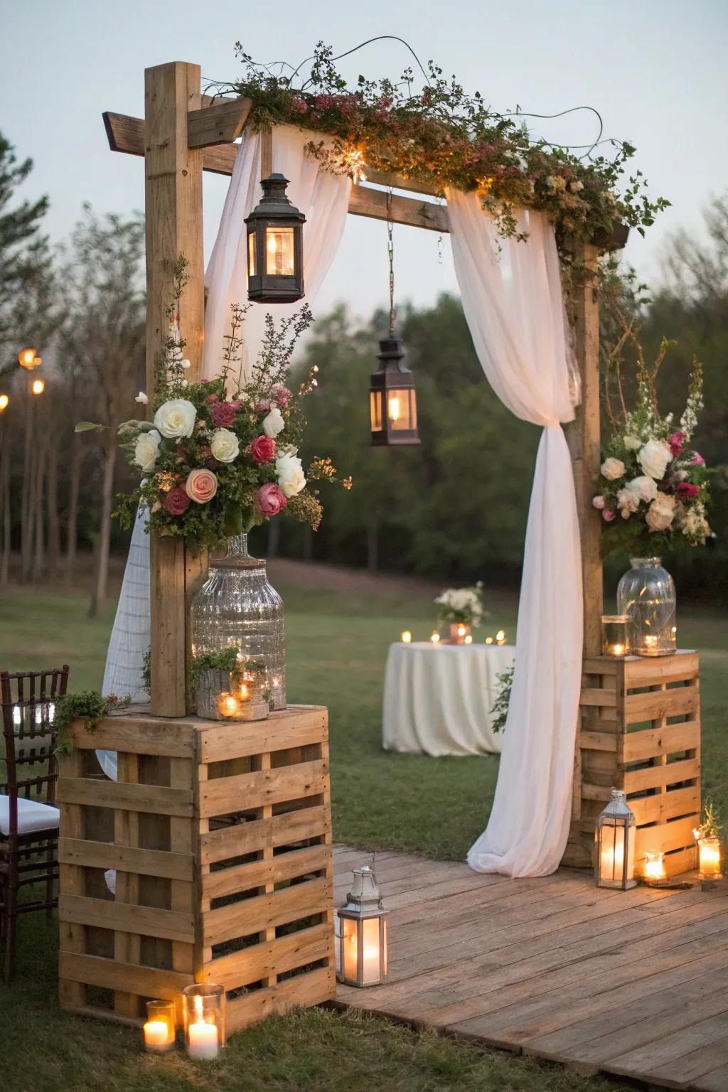 A warm pallet arch that exudes a countryside, inviting charm.