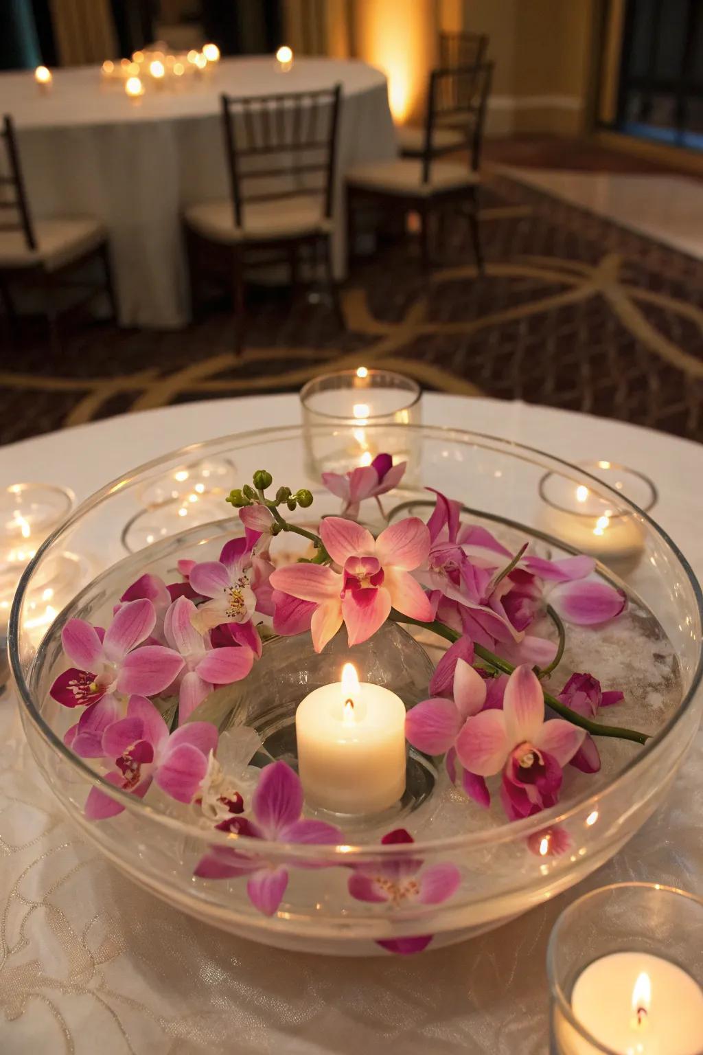 Drifting bloom centerpiece showcasing orchids and lights