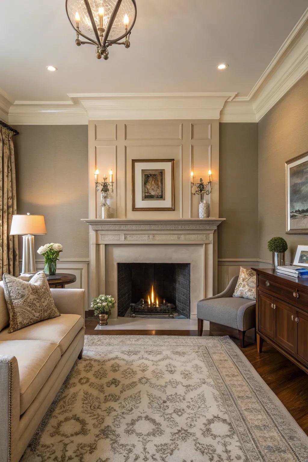 A taupe fireplace provides a neutral backdrop in this elegant room.