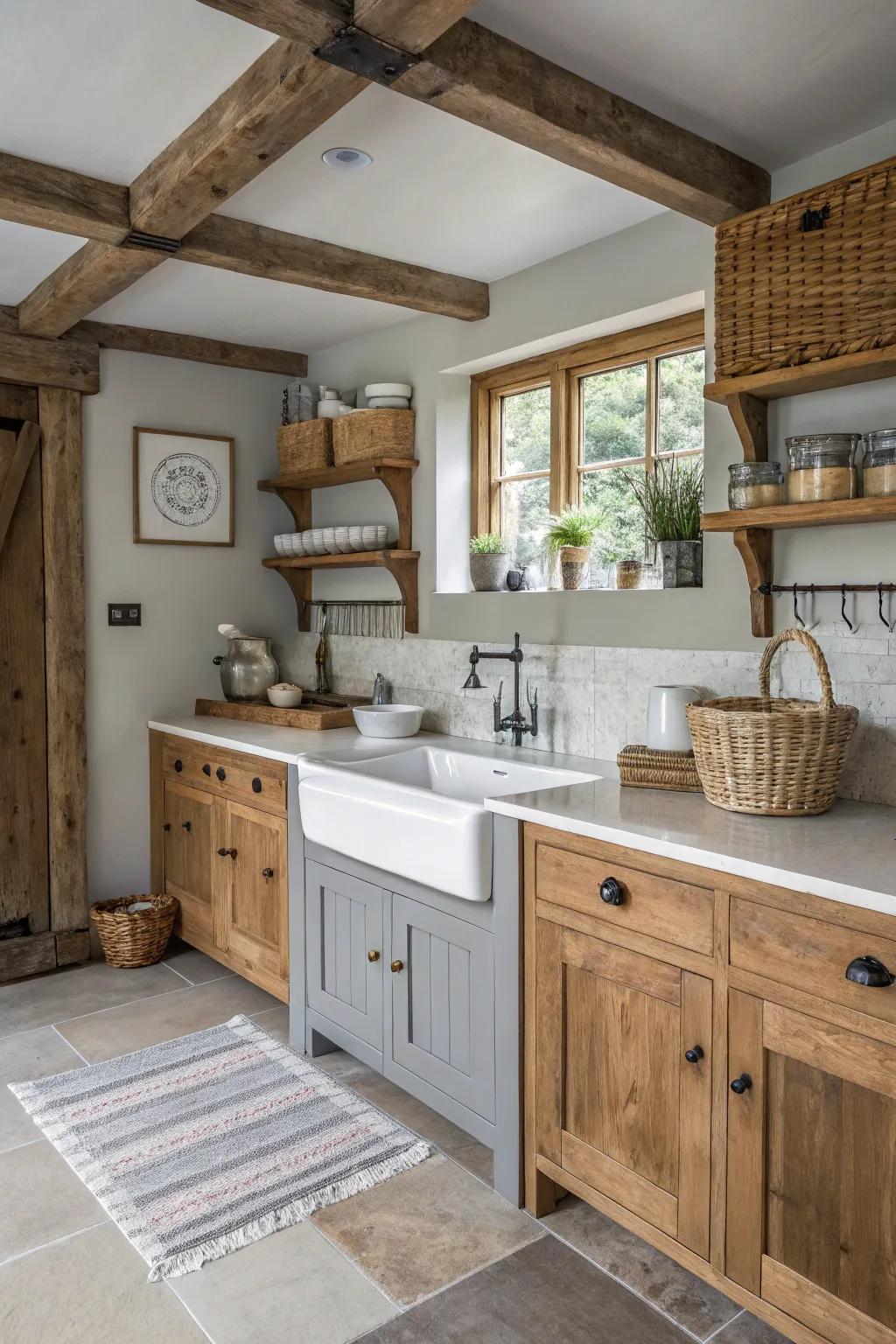 Lumber features add outdoorsy charm to the kitchen.