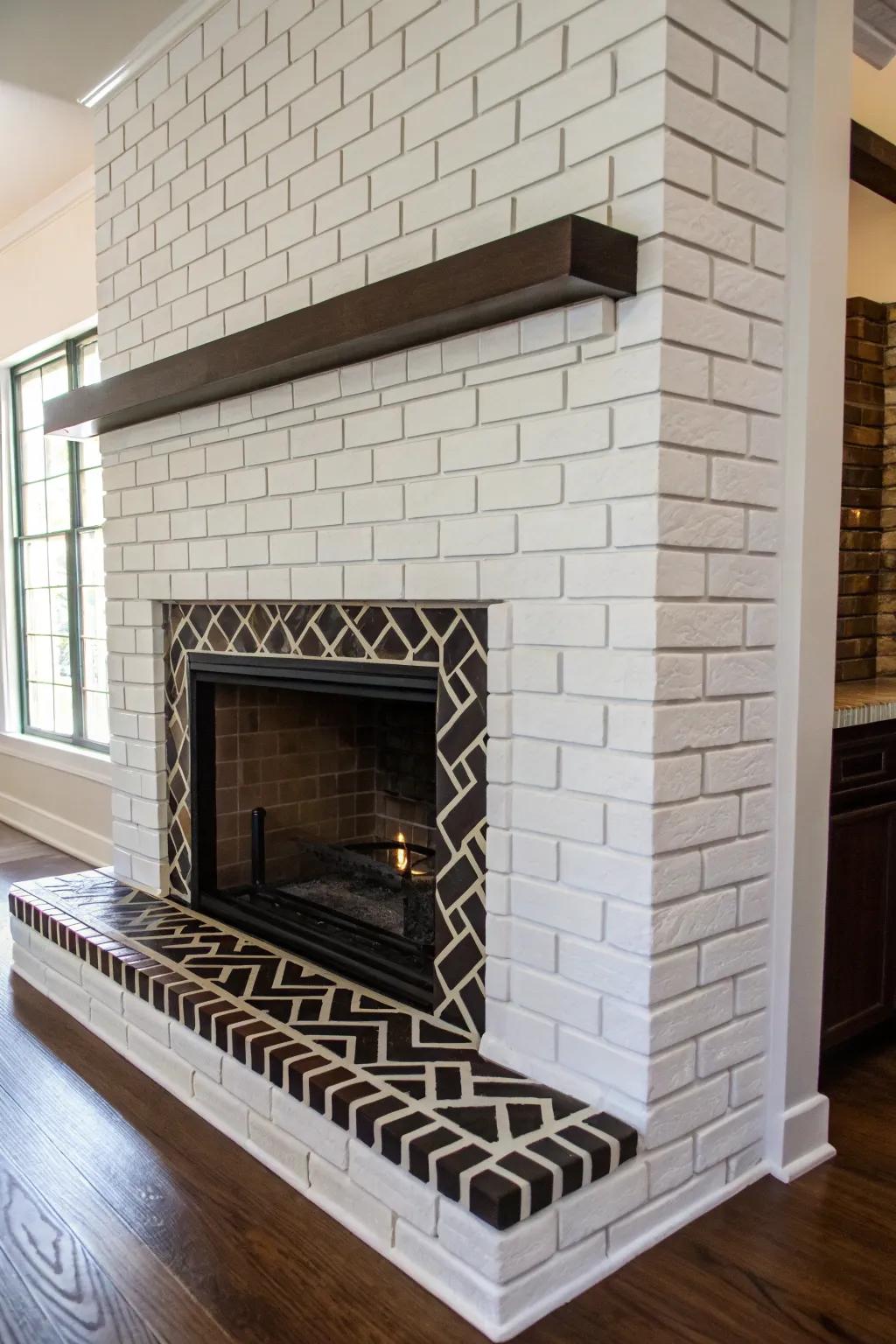 Contrasting cement injects an artistic flair into a white brick firebox.
