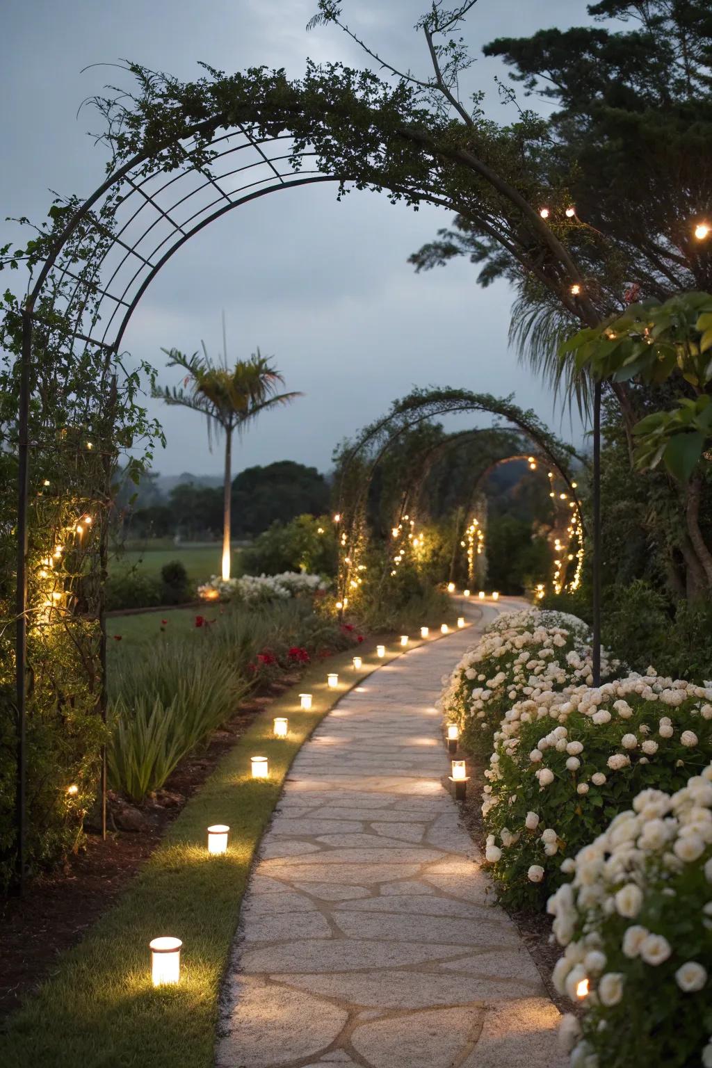 White garden lighting highlights garden features, creating an enchanting nighttime ambiance.