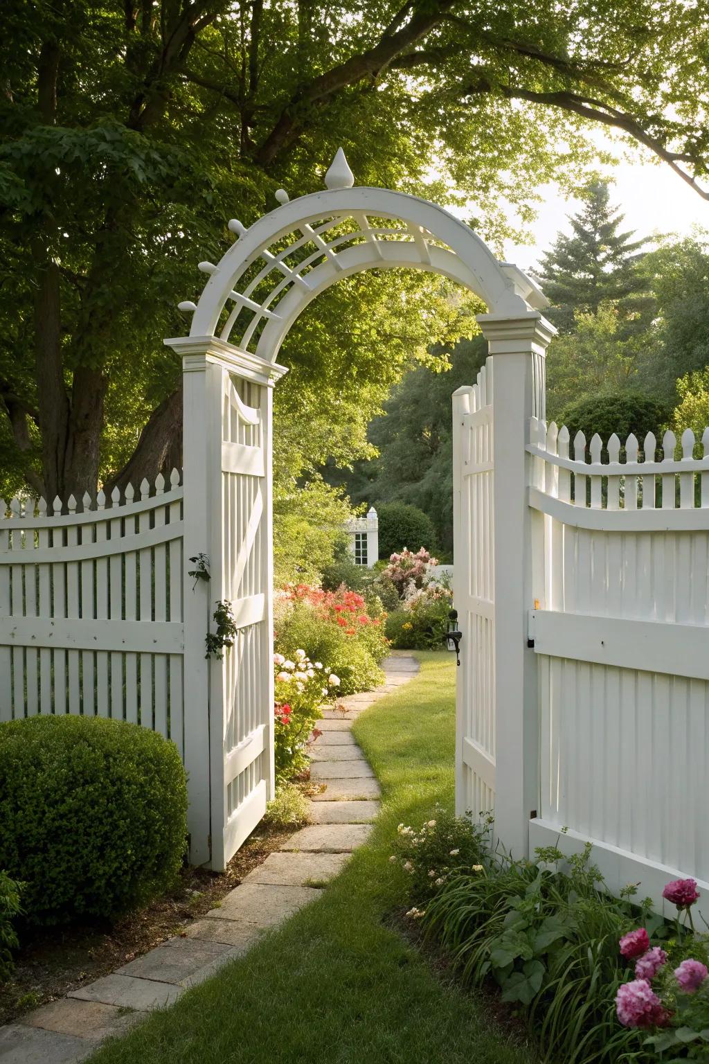 A gateway arch turns a white boundary into a welcoming garden threshold.