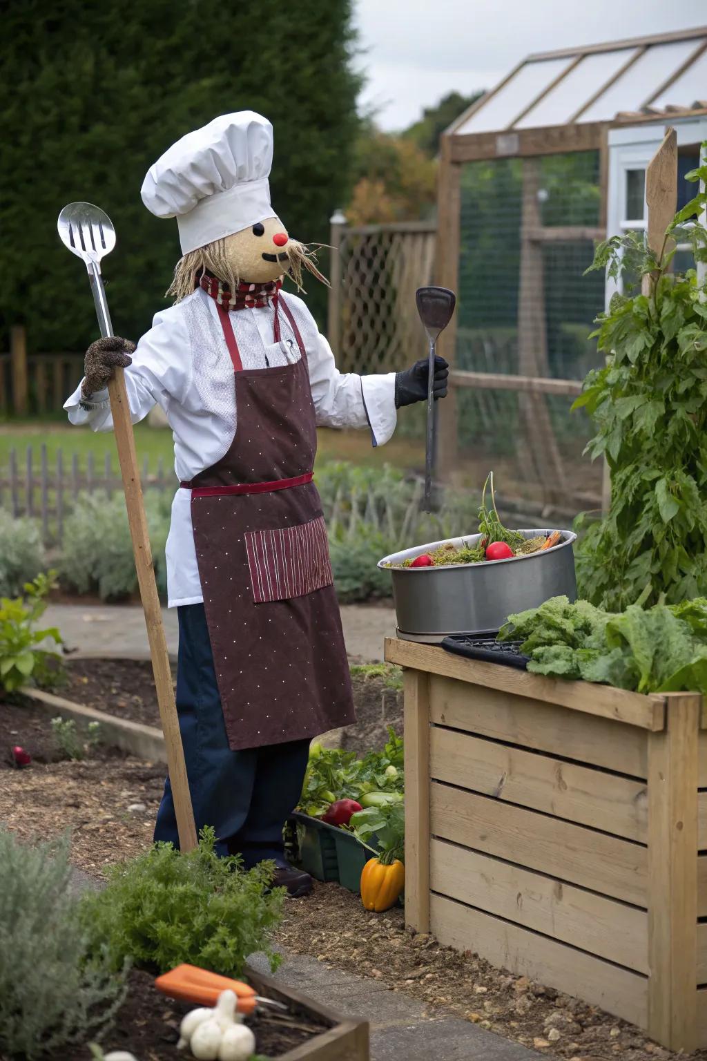 A culinary specialist scarecrow cooking up creativity, spreading culinary delight.