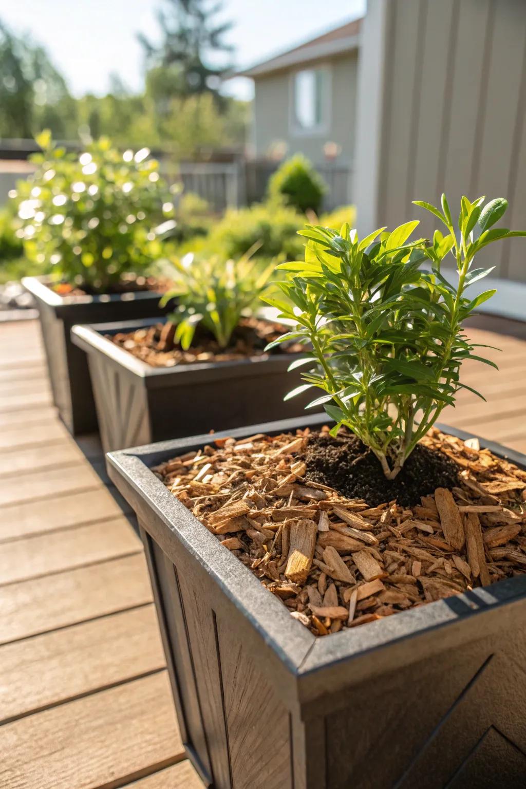 Wood chips help retain moisture in container gardens.