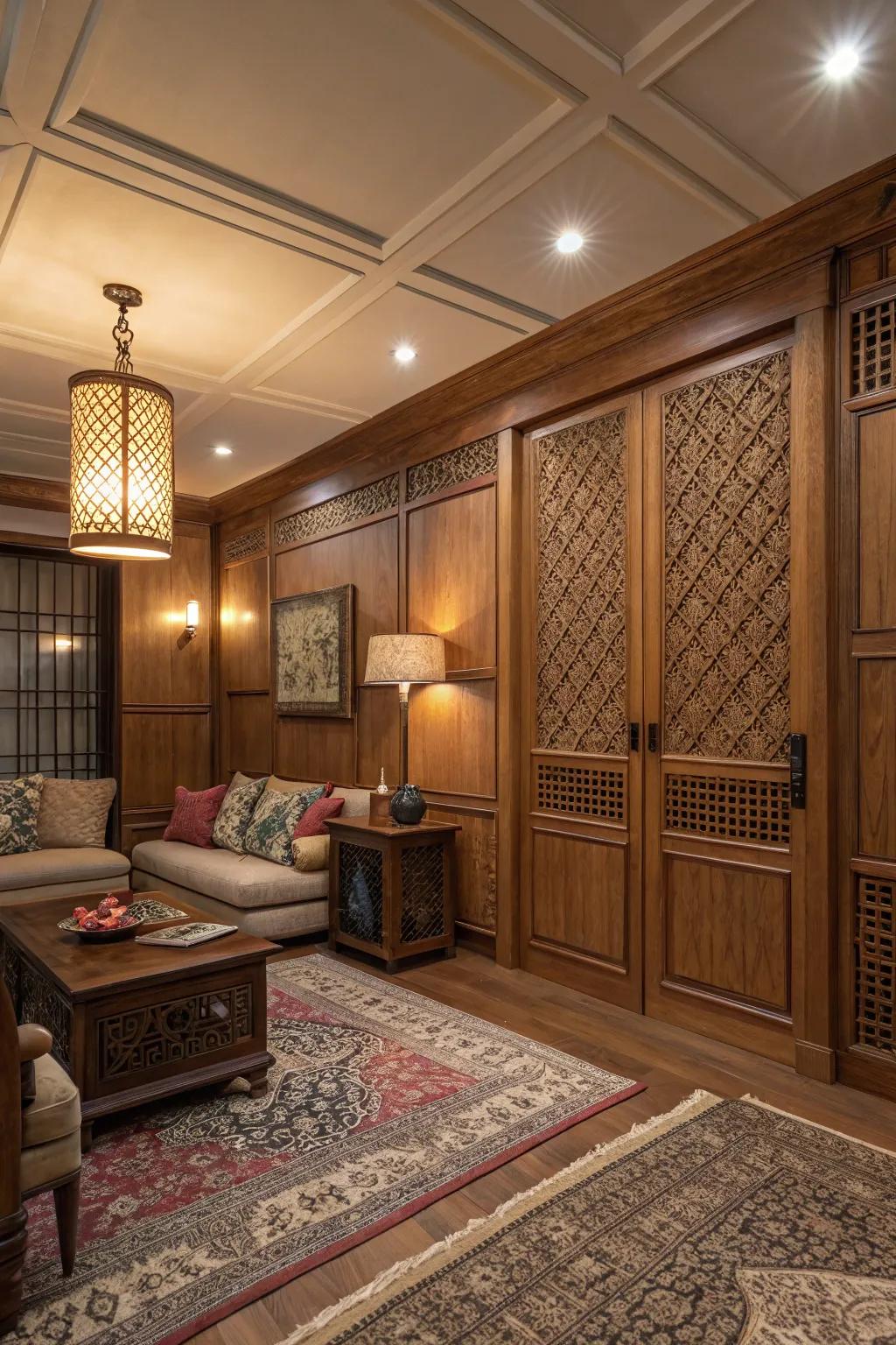 Paneled partitions add depth and interest to this stylish living room.