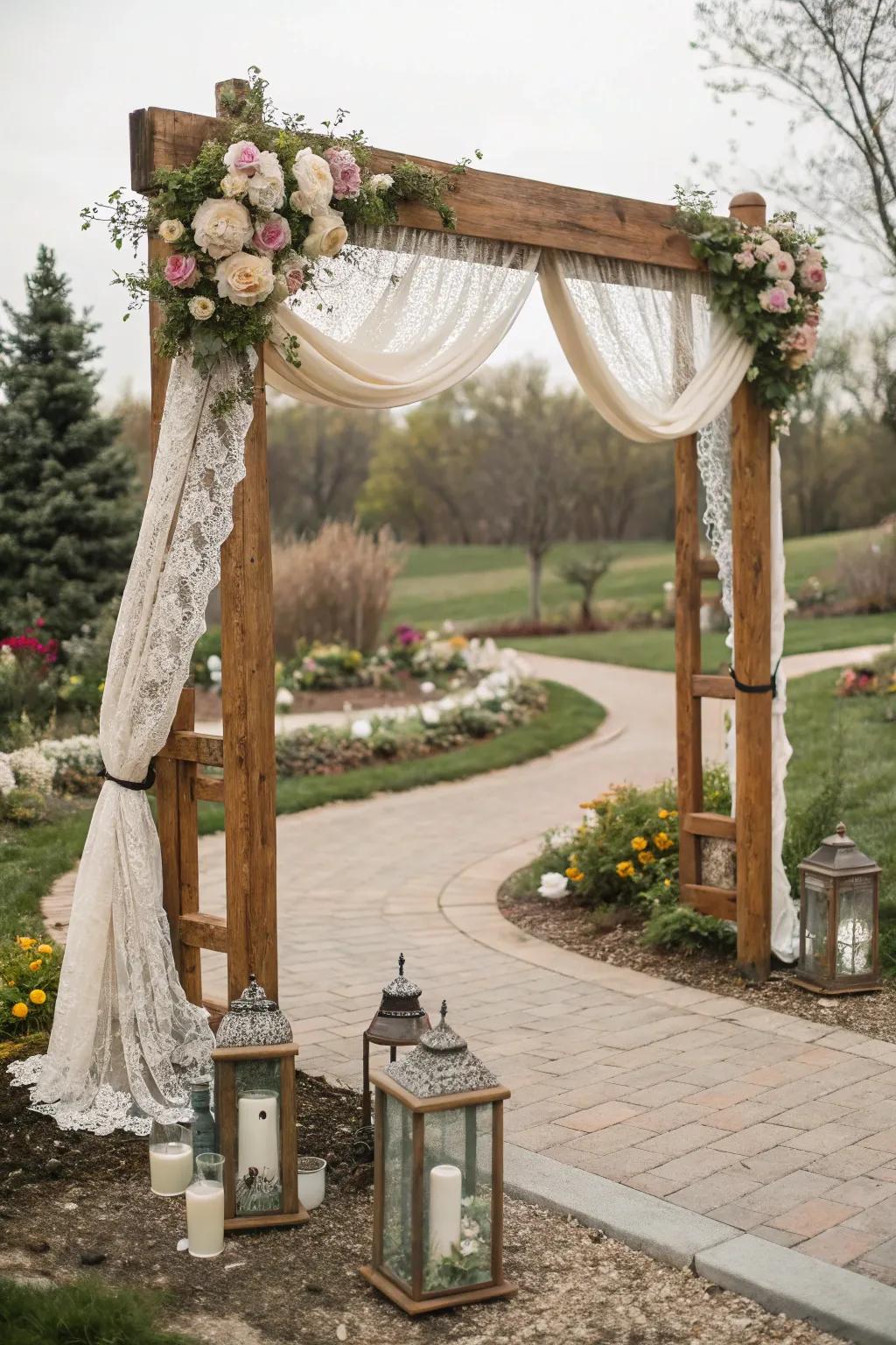 Lace and classic components conjure a sentiment of timeless elegance, crafting a romantic setting.