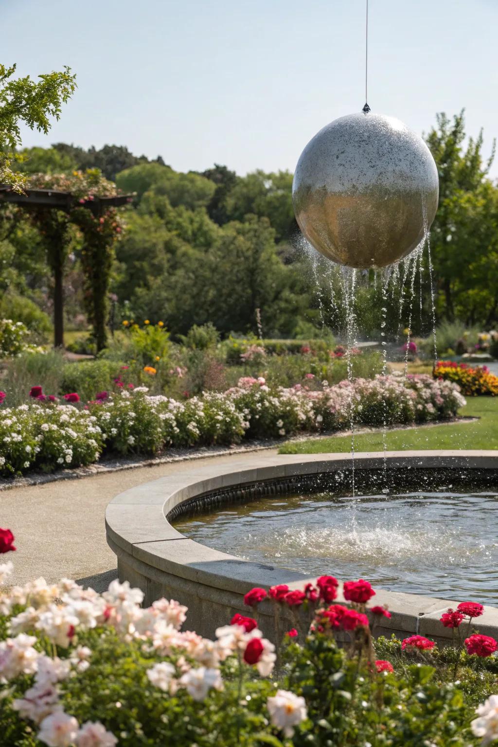 A floating sphere fountain adding a whimsical element to the garden.