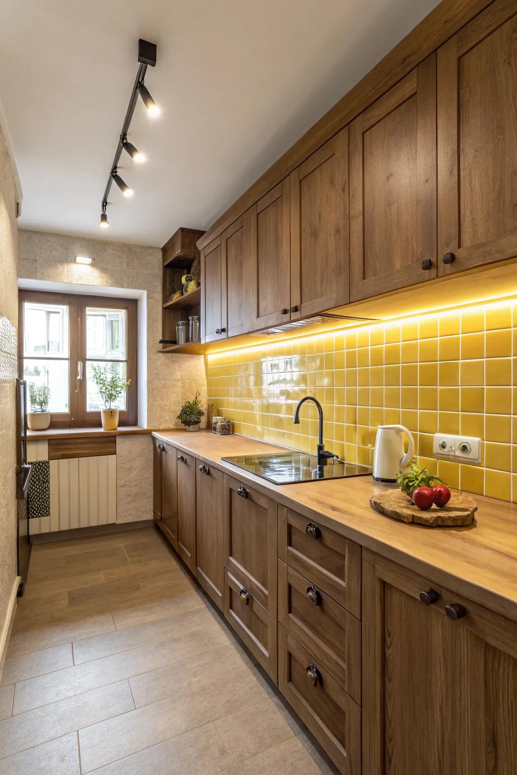 Earthy tones blend seamlessly with yellow tiles in this tranquil kitchen.