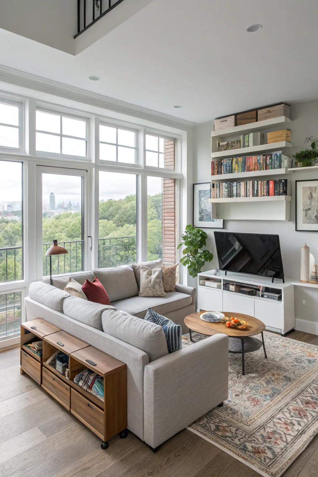 Multi-purpose furnishings ensures a clean living area.