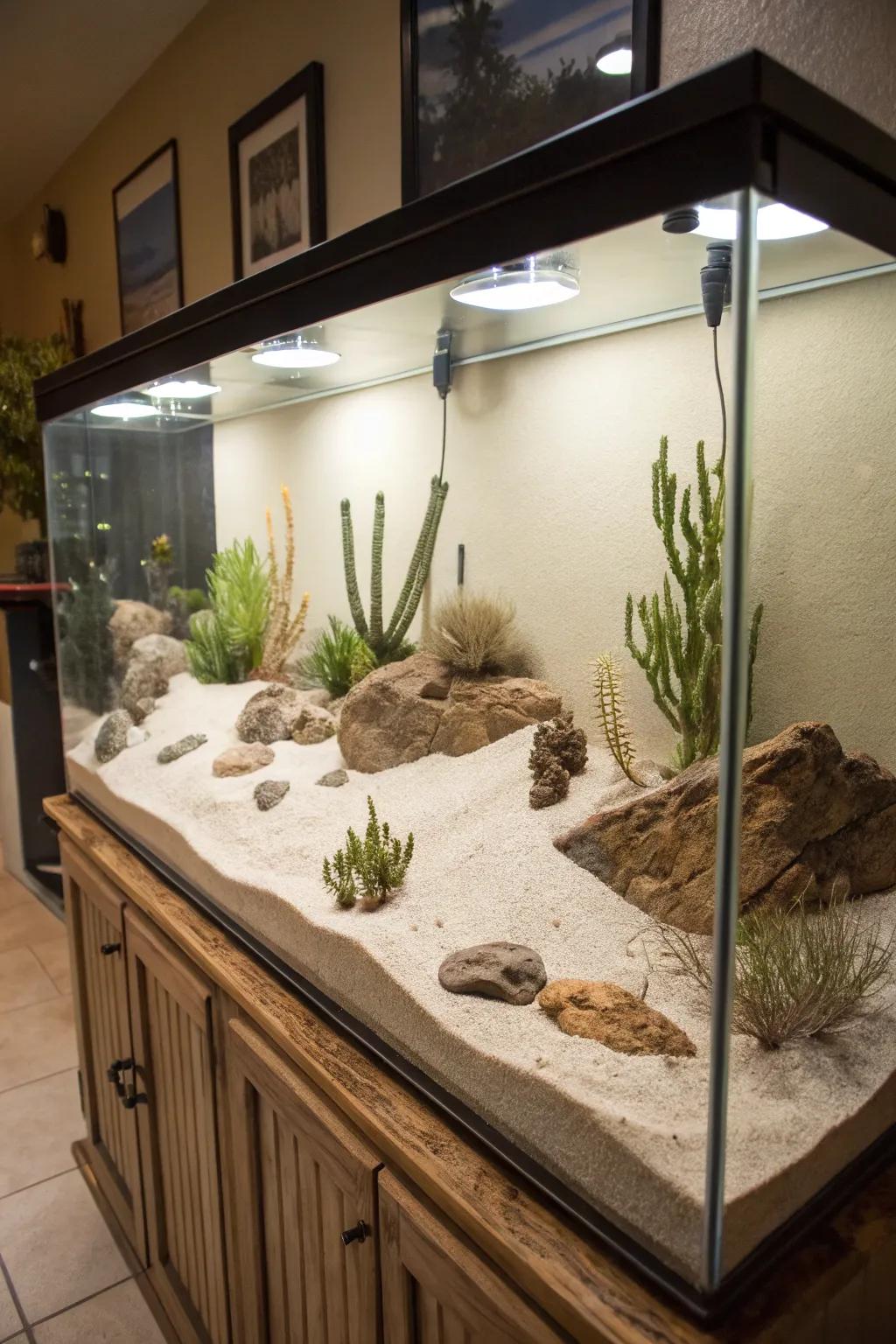 A desert oasis aquarium offering a unique and refreshing aesthetic.