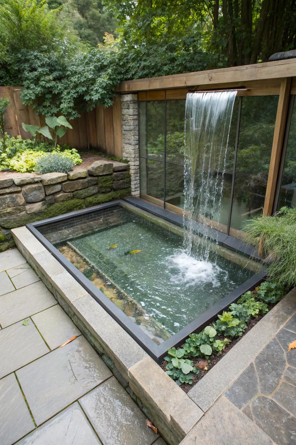 Transparent panels offer a captivating view into this pond’s underwater world.