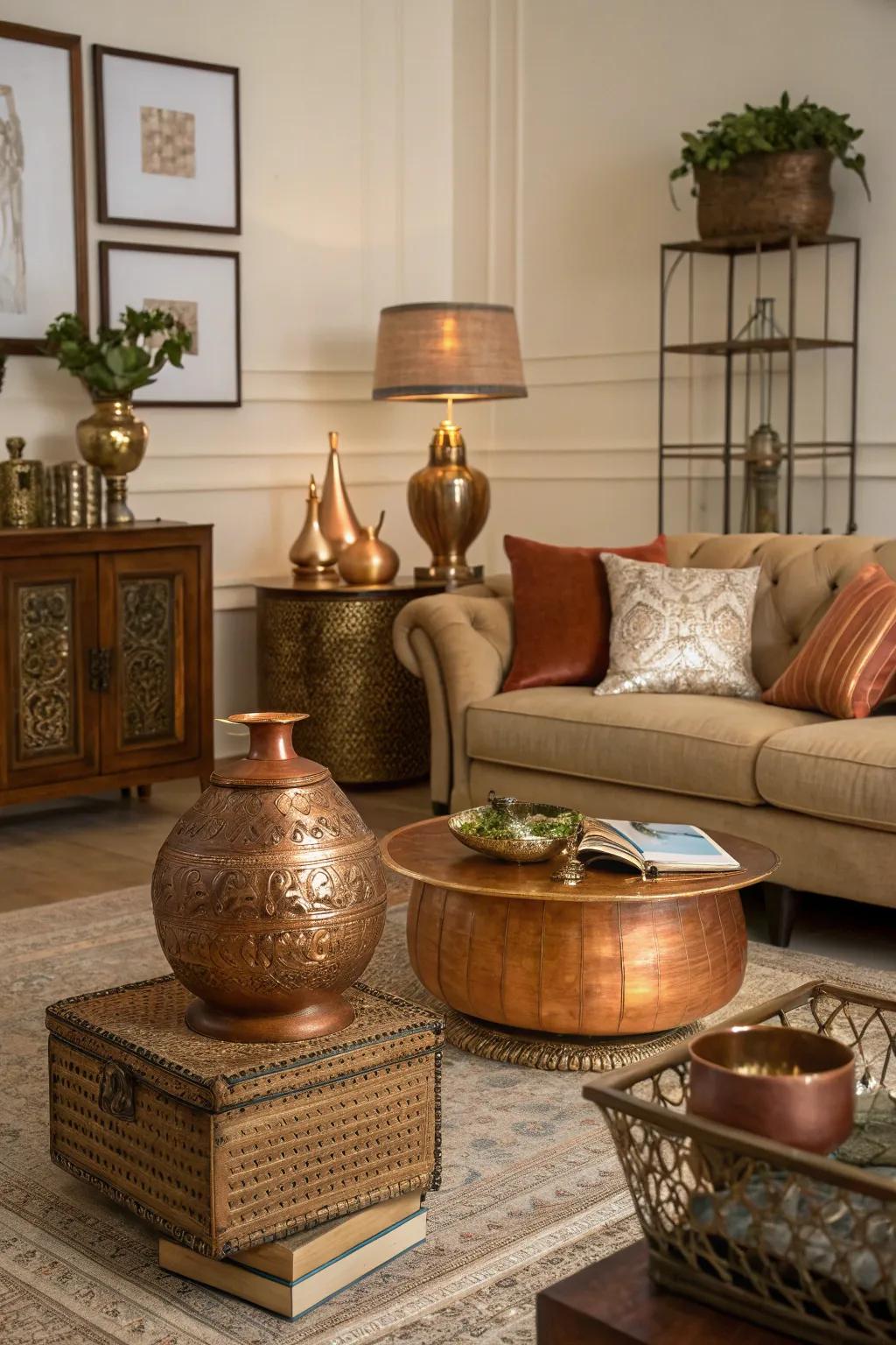 Metallic accents in bronze and copper add luxury and contrast.