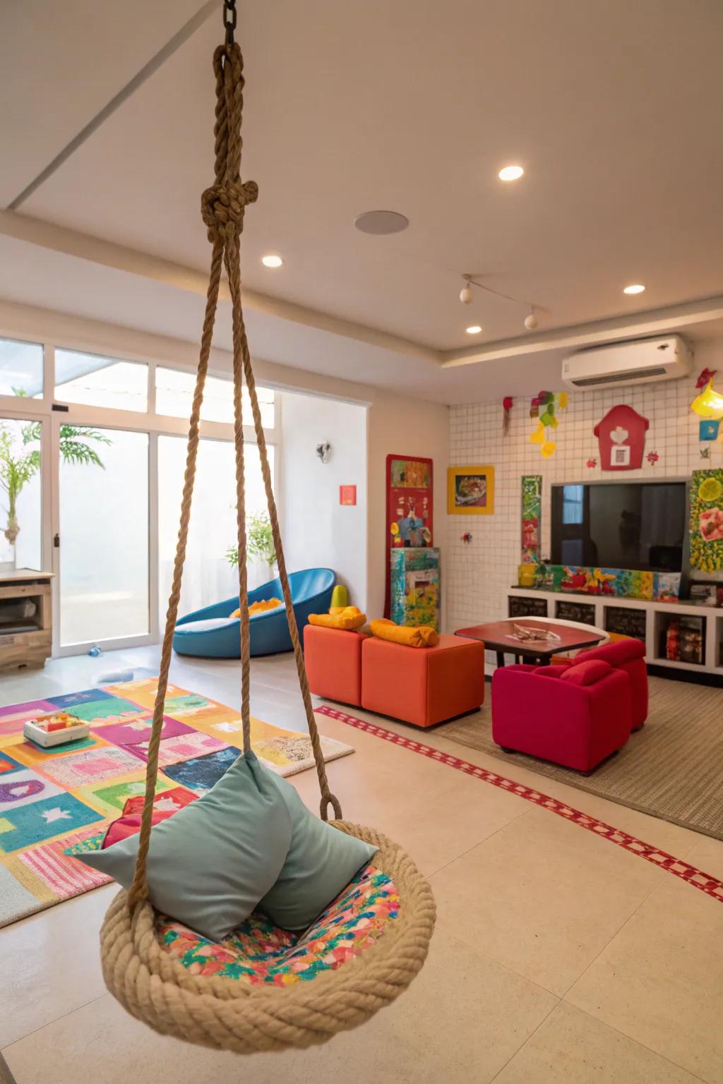 An indoor swing adds a playful, unexpected element to your gaming room.