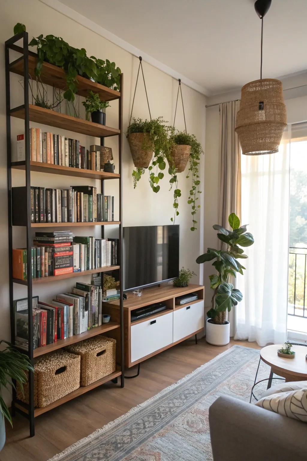 Upright storage solutions optimize space in this stylish living room.