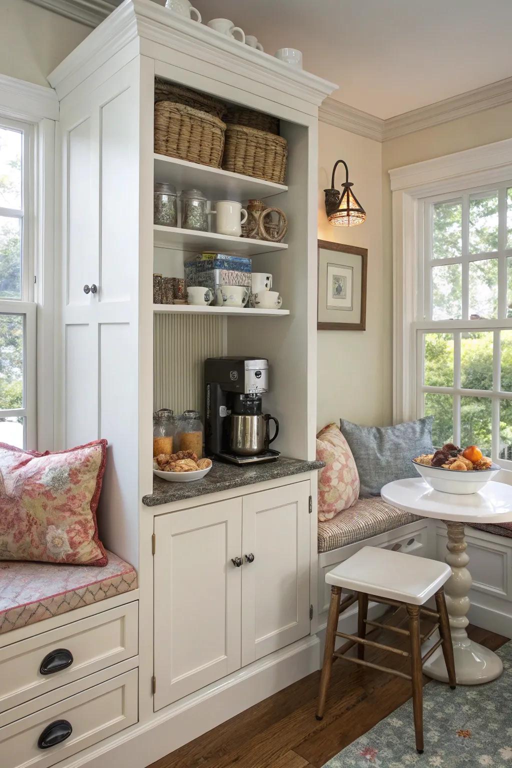 A breakfast corner in a cabinet blends convenience with a cozy morning setup.