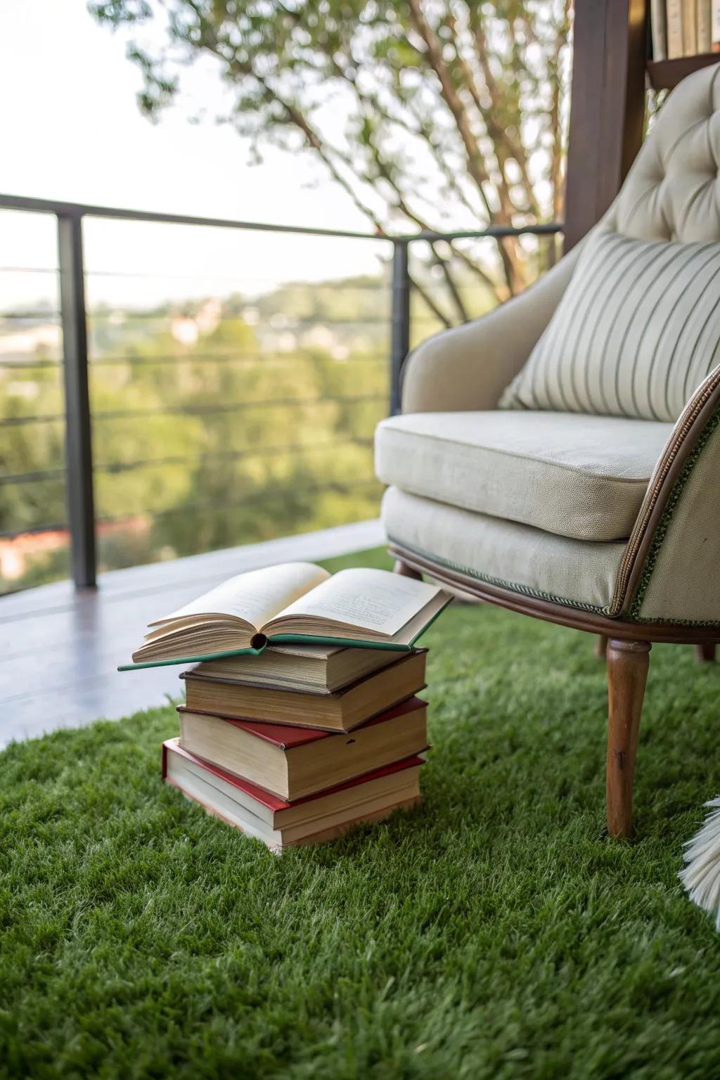 A serene reading nook on lush artificial grass.