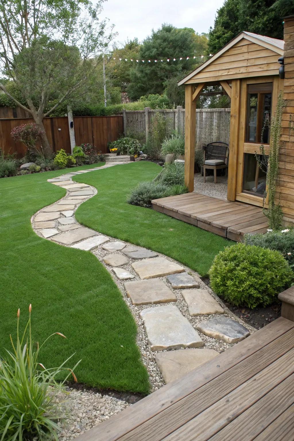 A modern garden highlighting a mix of hardscape and artificial turf.