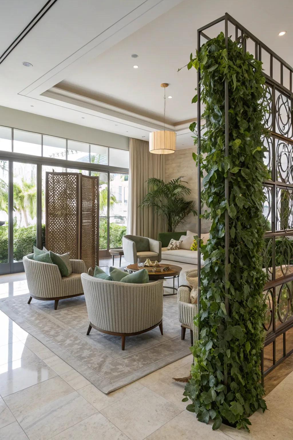 Leafy room dividers provide stylish privacy and definition.
