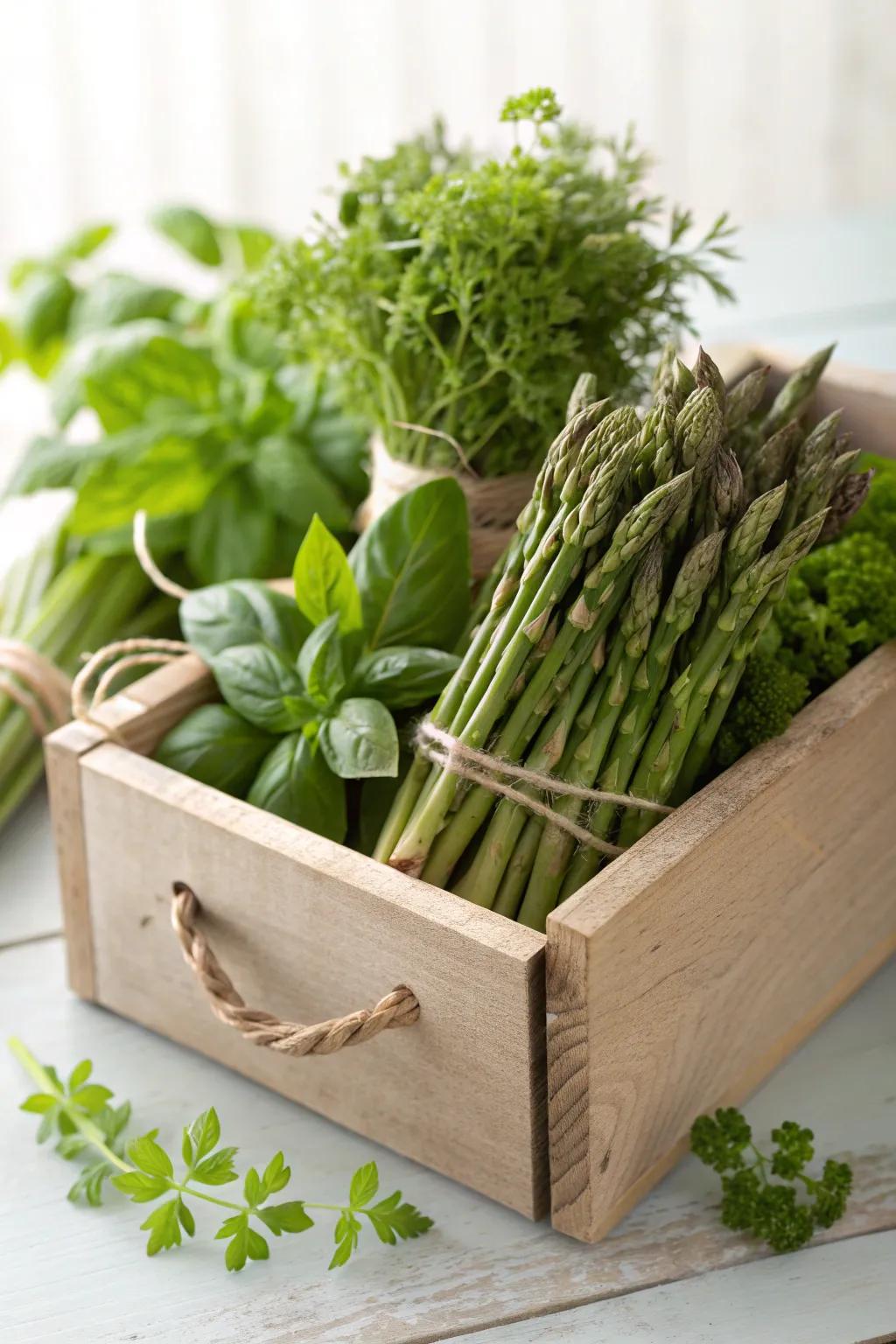 Elevate your garden space with a harmonious blend of asparagus and herbs, perfect for the minimalist nature lover.