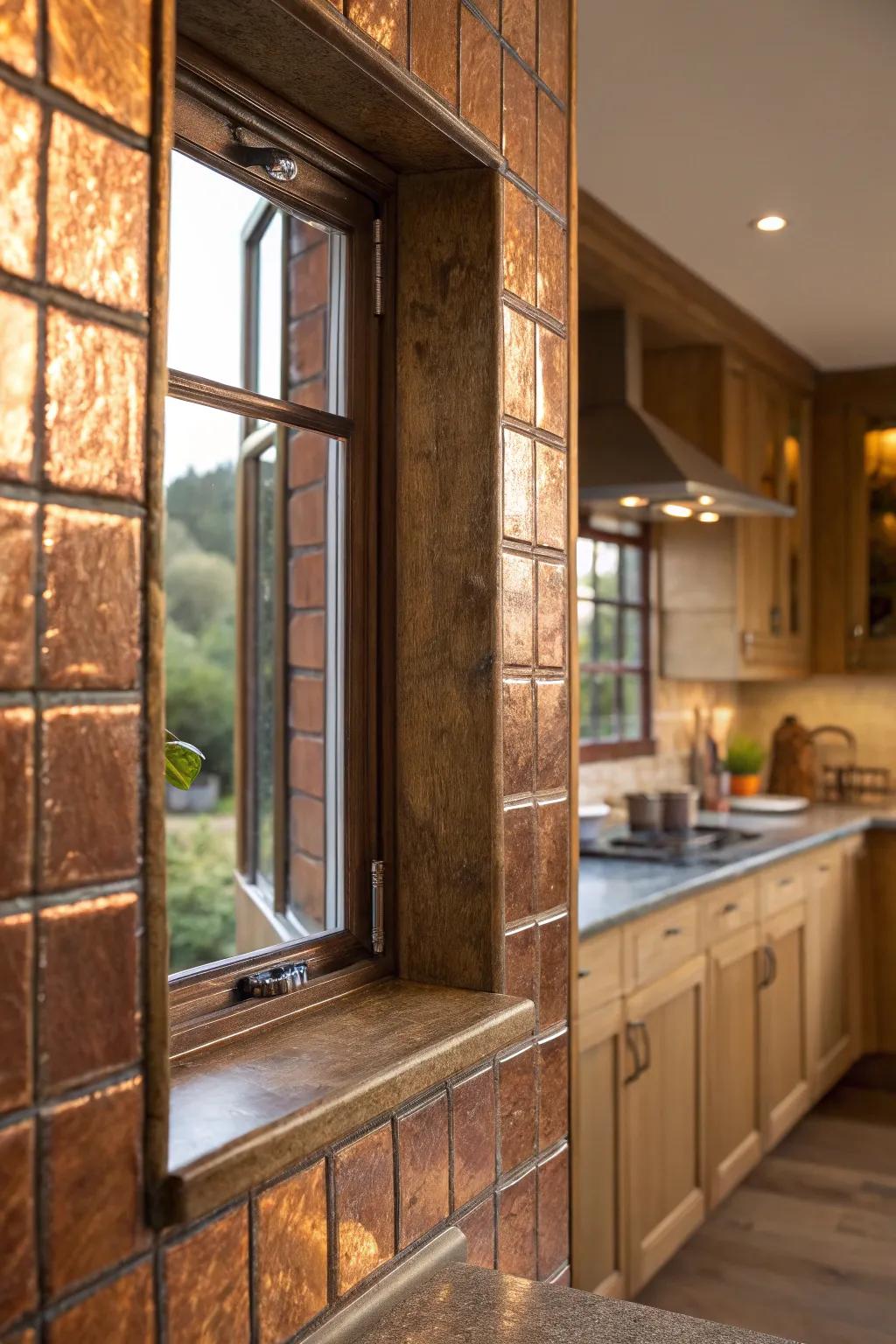 Copper shimmering tiles adding sparkle around a kitchen window.