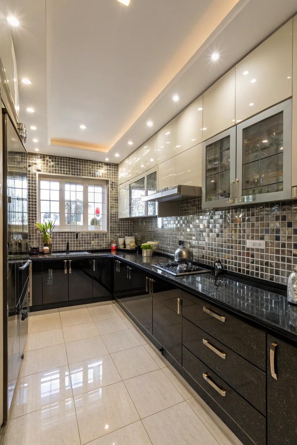 Reflective tiles establish a sense of space and illumination in cooking areas.