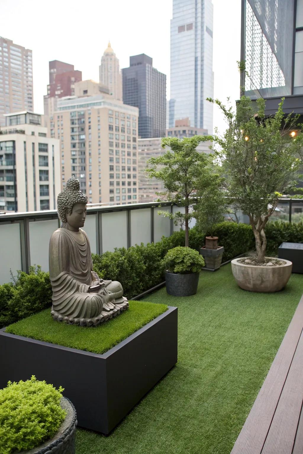 An urban rooftop retreat offers a serene escape in the city.