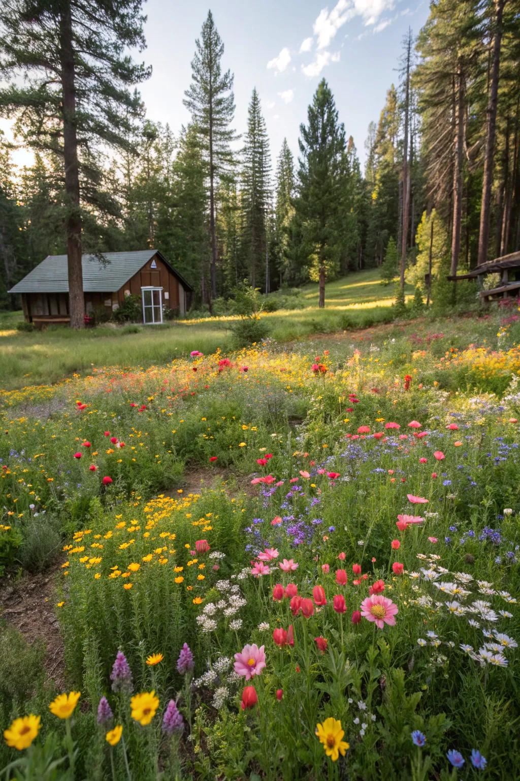 A wildflower meadow adds color and attracts wildlife to your backyard forest.