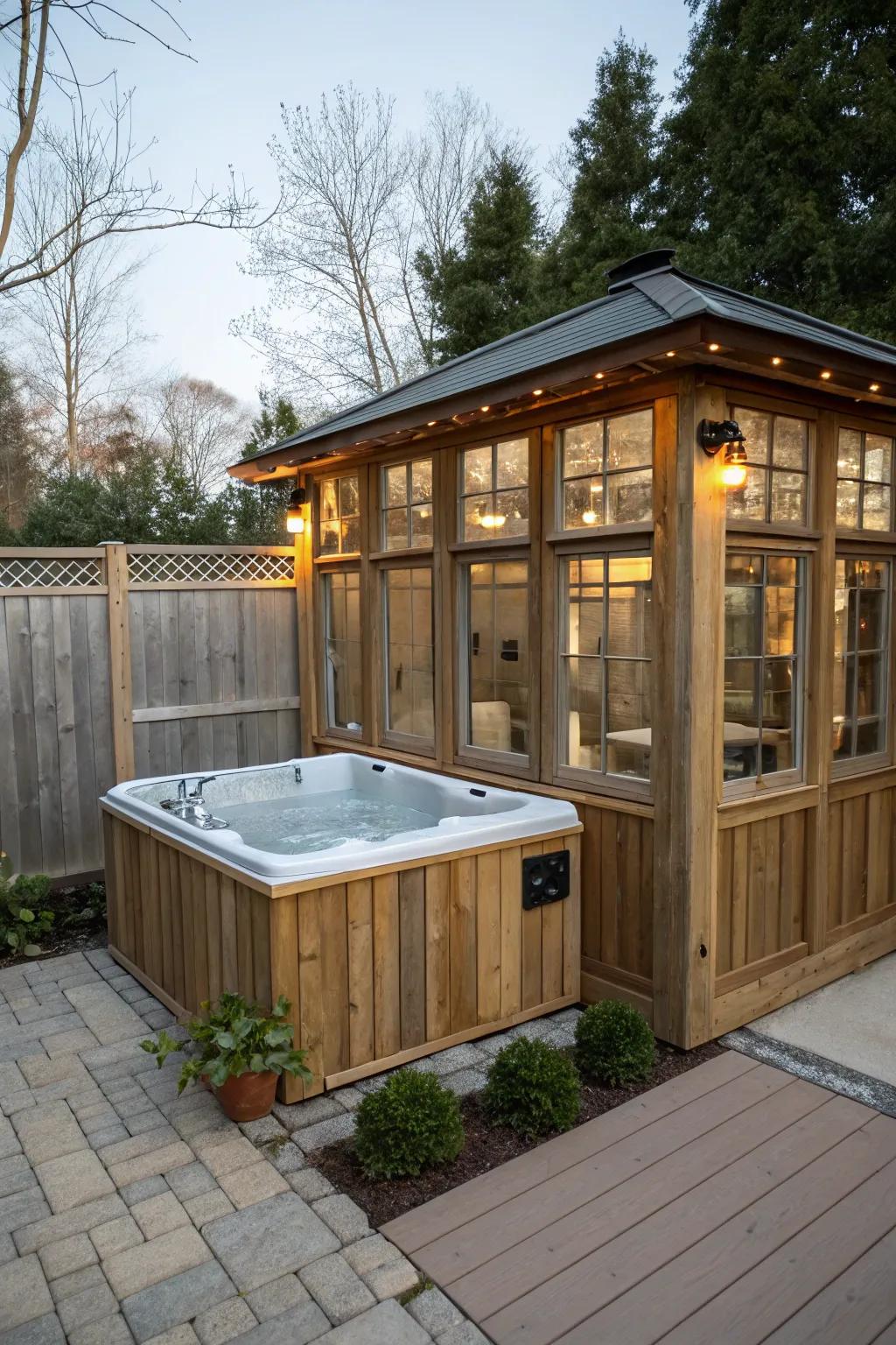 Custom enclosures offer a completely private and personalized hot tub experience.