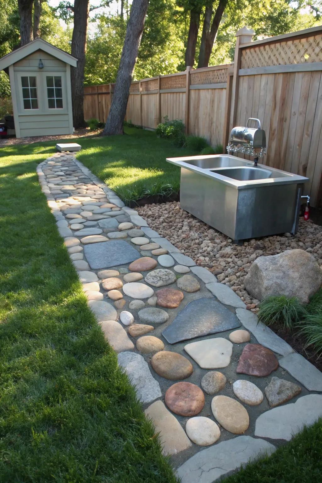 Upgrade your backyard with a stunning stone pathway leading to a stylish dog washing station. Function meets style!
