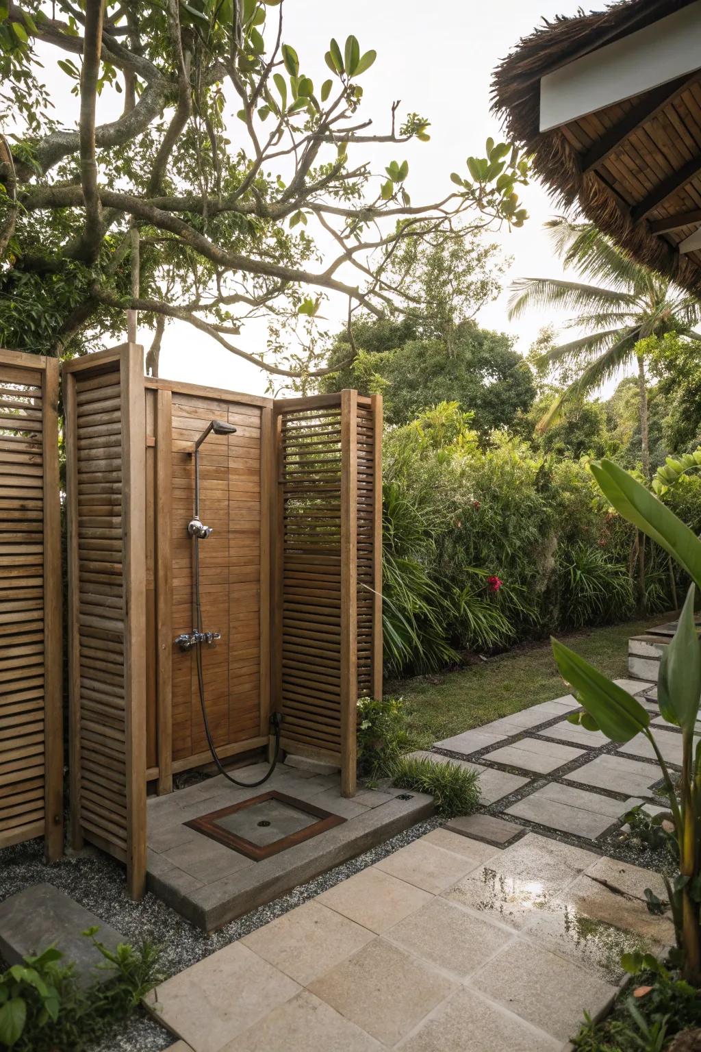 A private outdoor shower fitted with refined screens.