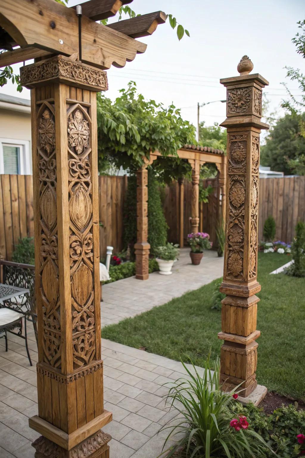 Infuse personality with intricately etched timber pillars.