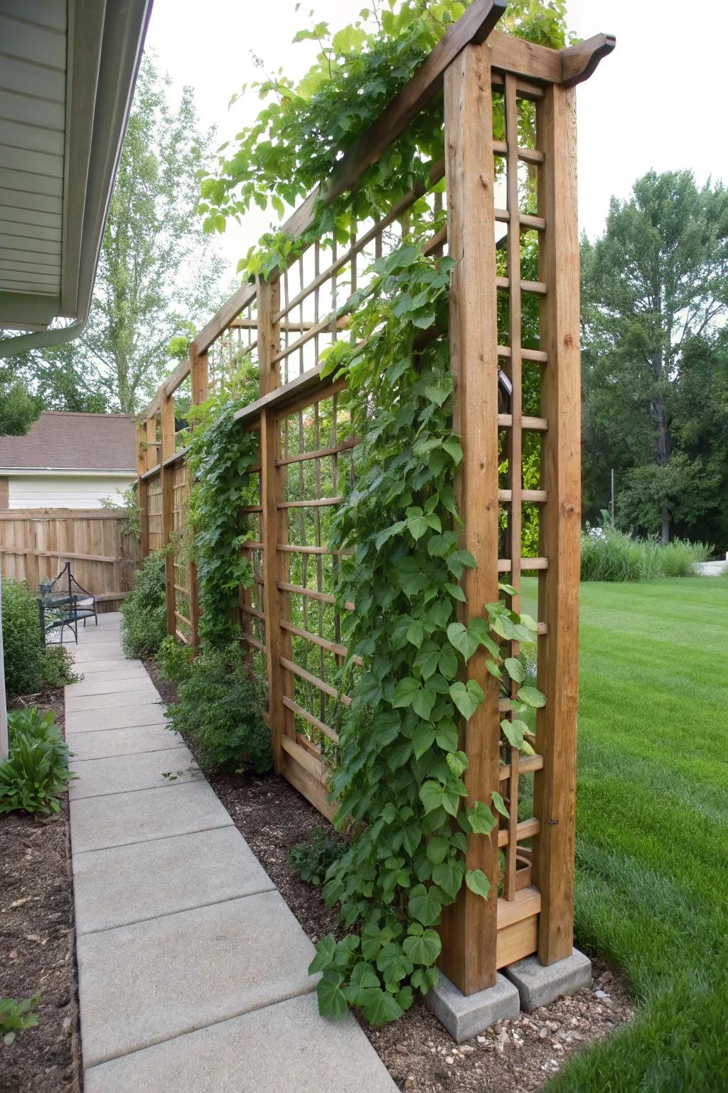 A homey DIY trellis transformed by abundant climbing vines.