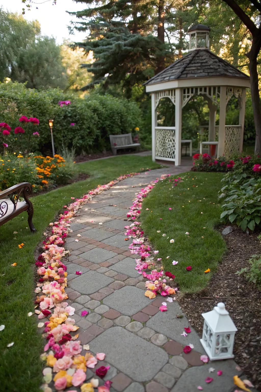 A path lined with flower petals in a backyard, creating a romantic walkway for a proposal.