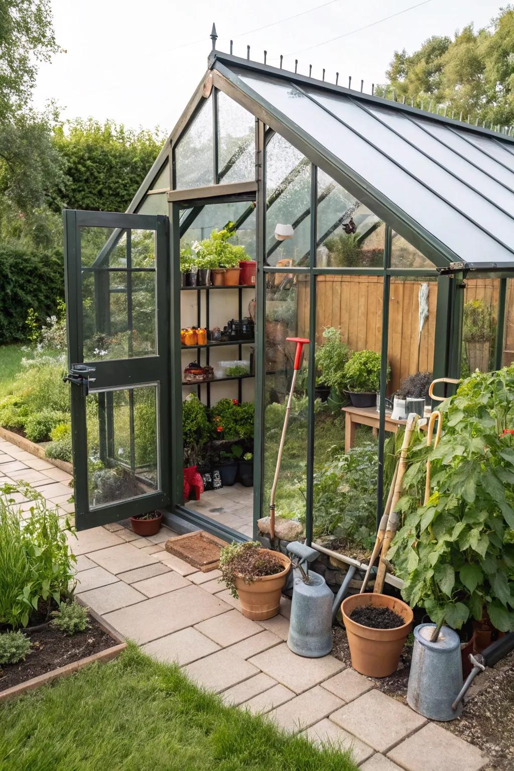 A flourishing greenhouse within a backyard shed.