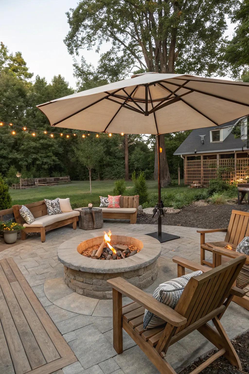A cozy fire pit spot with sunshade.