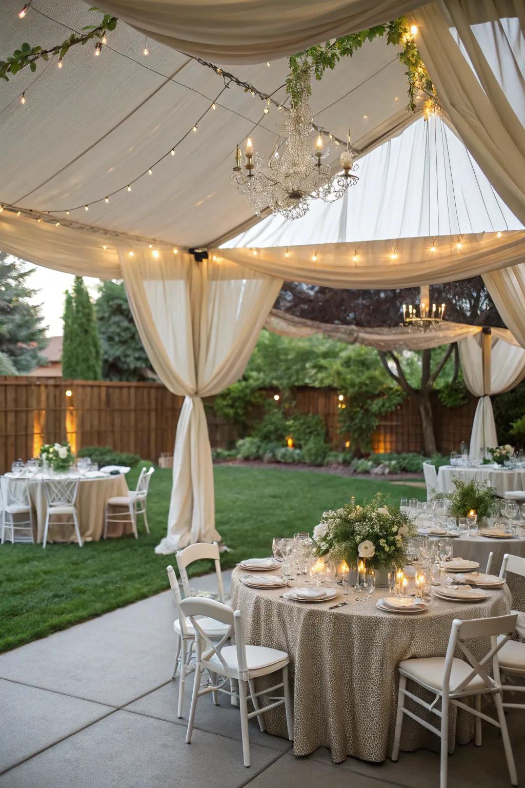 A stylish tent structure provides shade and elegance to the wedding setup.
