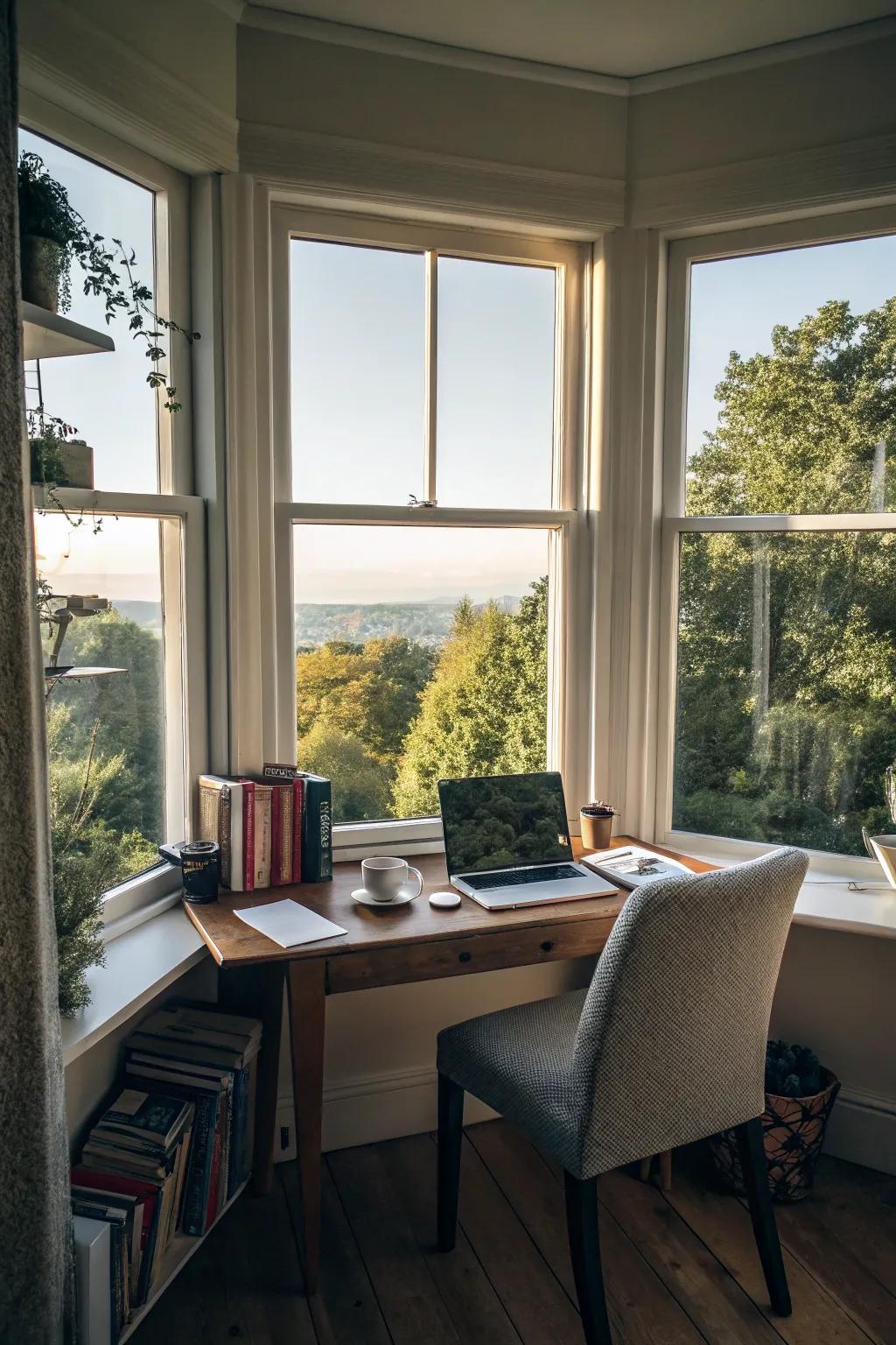 A bay window workspace cultivates a vibrant, inspiring environment for creativity.
