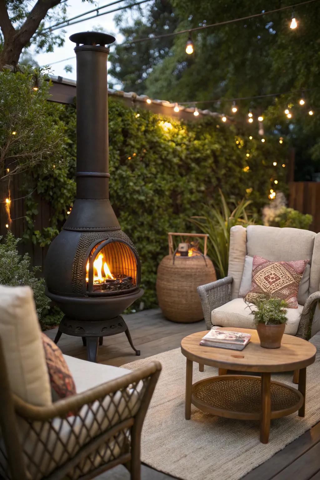 Exotic portable chiminea perfect for any outdoor space.