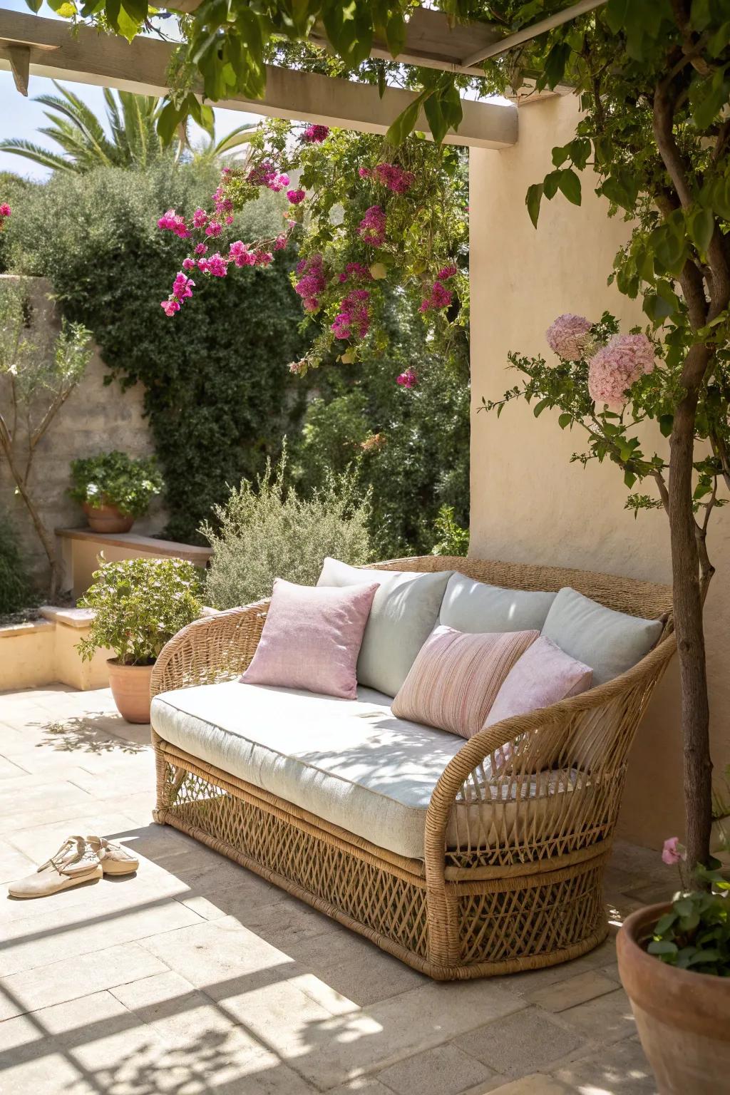 Wicker benches bring casual elegance and comfort to outdoor spaces.