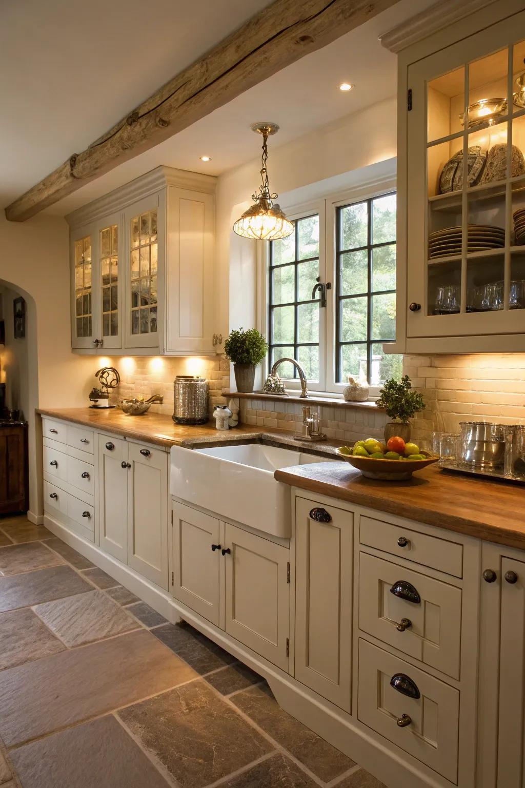 Pewter pulls add timeless elegance to shaker cabinets.