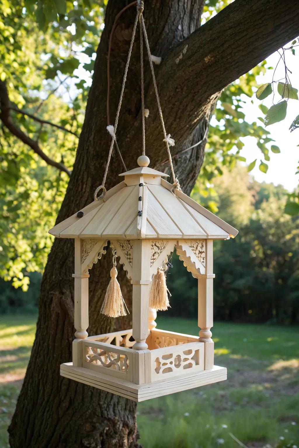A Nordic retreat for feathered friends: This charming gazebo bird feeder combines simplicity and natural beauty.