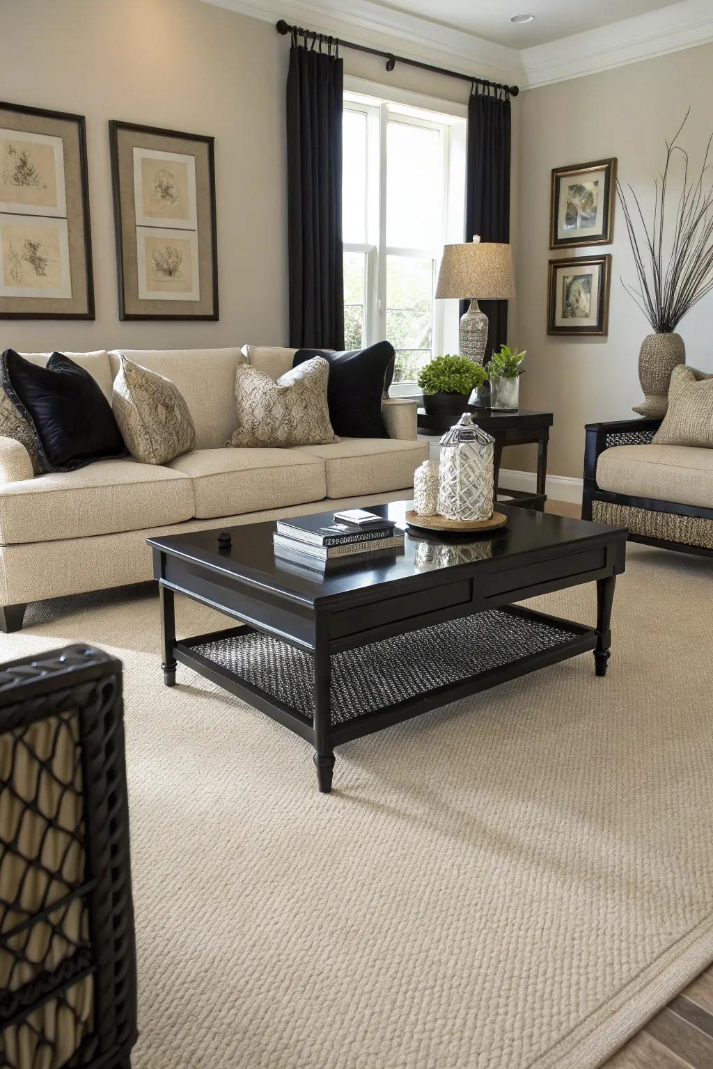 Neutral flooring sets a harmonious base for this elegant space.