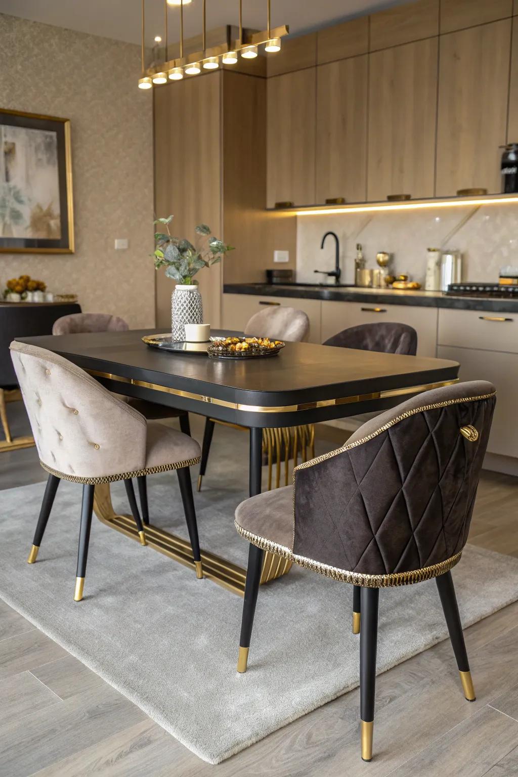 A sophisticated black and gold dining area in the kitchen.