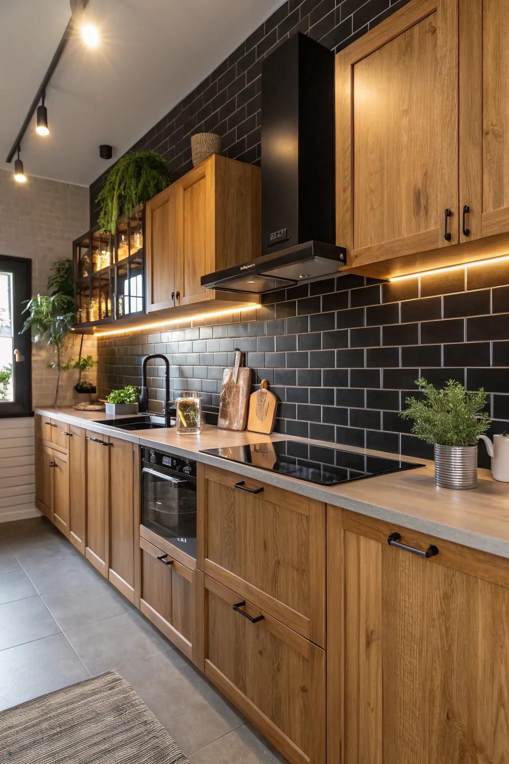 The natural warmth of wood beautifully complements the striking black backsplash.
