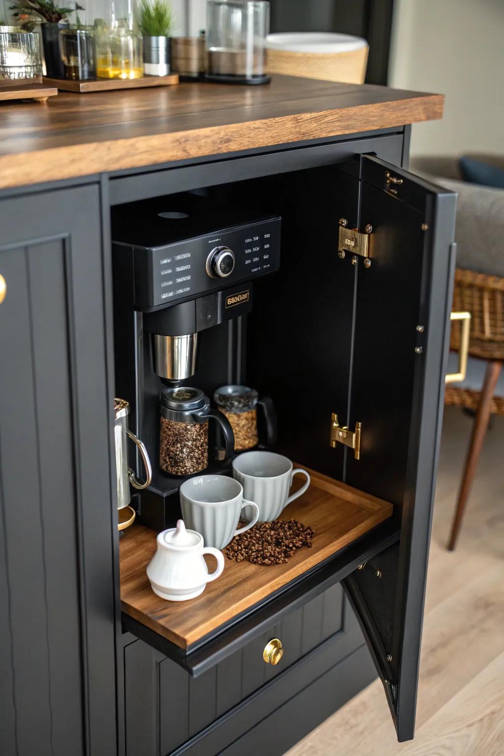 Surprise element through a concealed coffee station in a cabinet