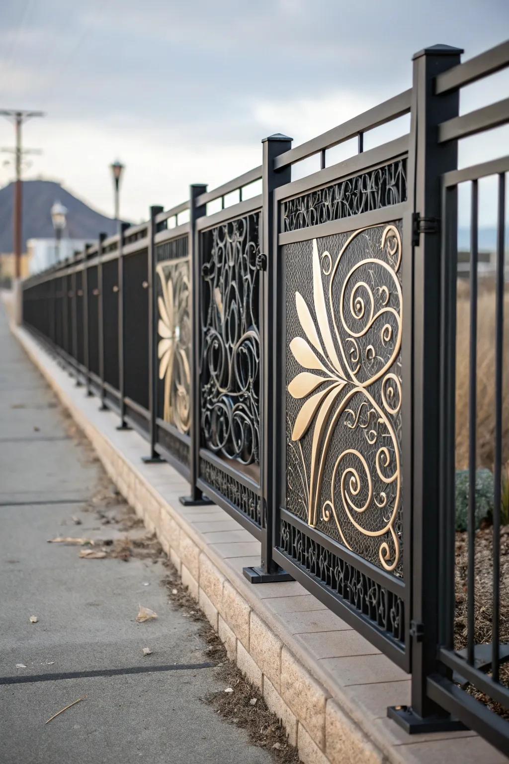 Artistic panels add personality and intrigue to a black fence.