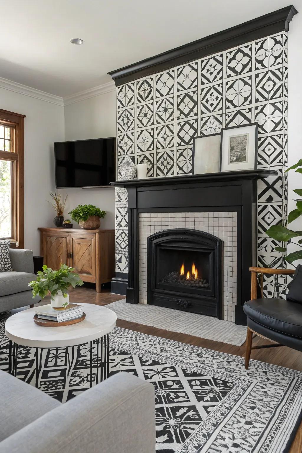 Make a bold statement with black and white patterns around your fireplace.
